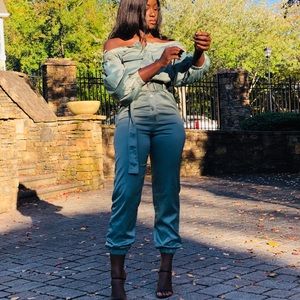 Satin cargo jumpsuit-teal